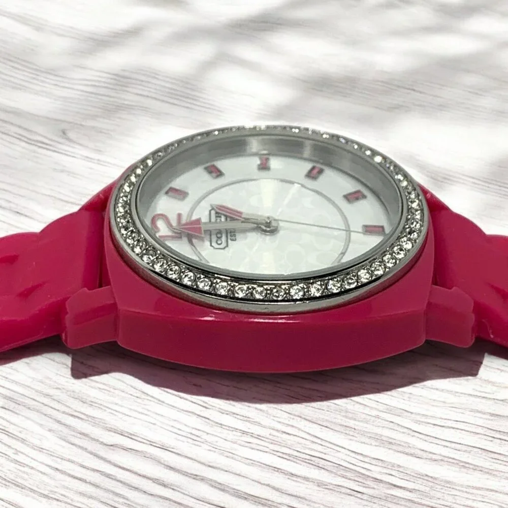 Coach Women's Boyfriend Watch Pink Silicone Strap With Crystal Bezel & Logo